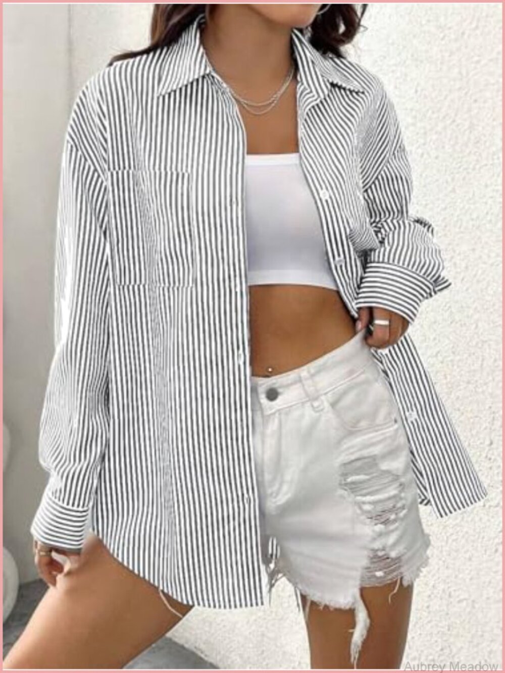 Striped Long Sleeve Button Down Shirt Blouse Casual Work Oversize - Picture 2 of 4